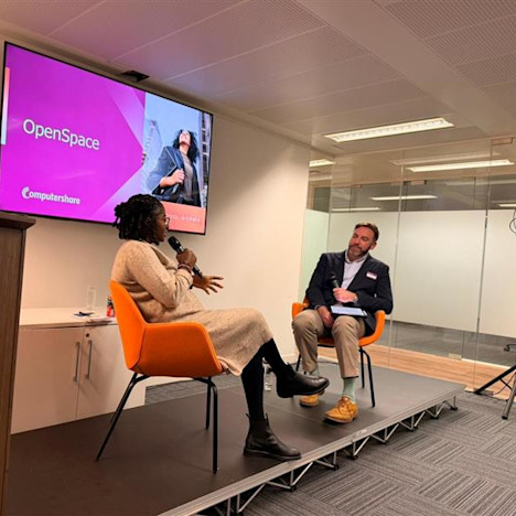 The speaker’s stage at Computershare’s OpenSpace event Tile image of The speaker’s stage at Computershare’s OpenSpace event