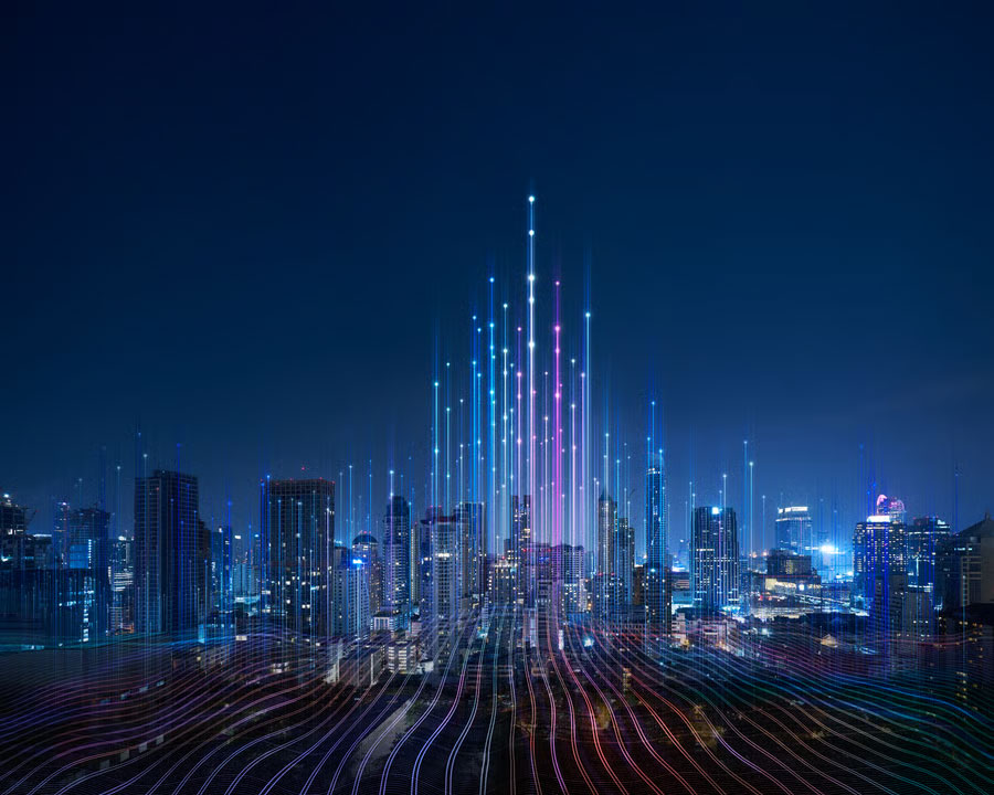 Digital city skyline with glowing data streams and futuristic technology lights.