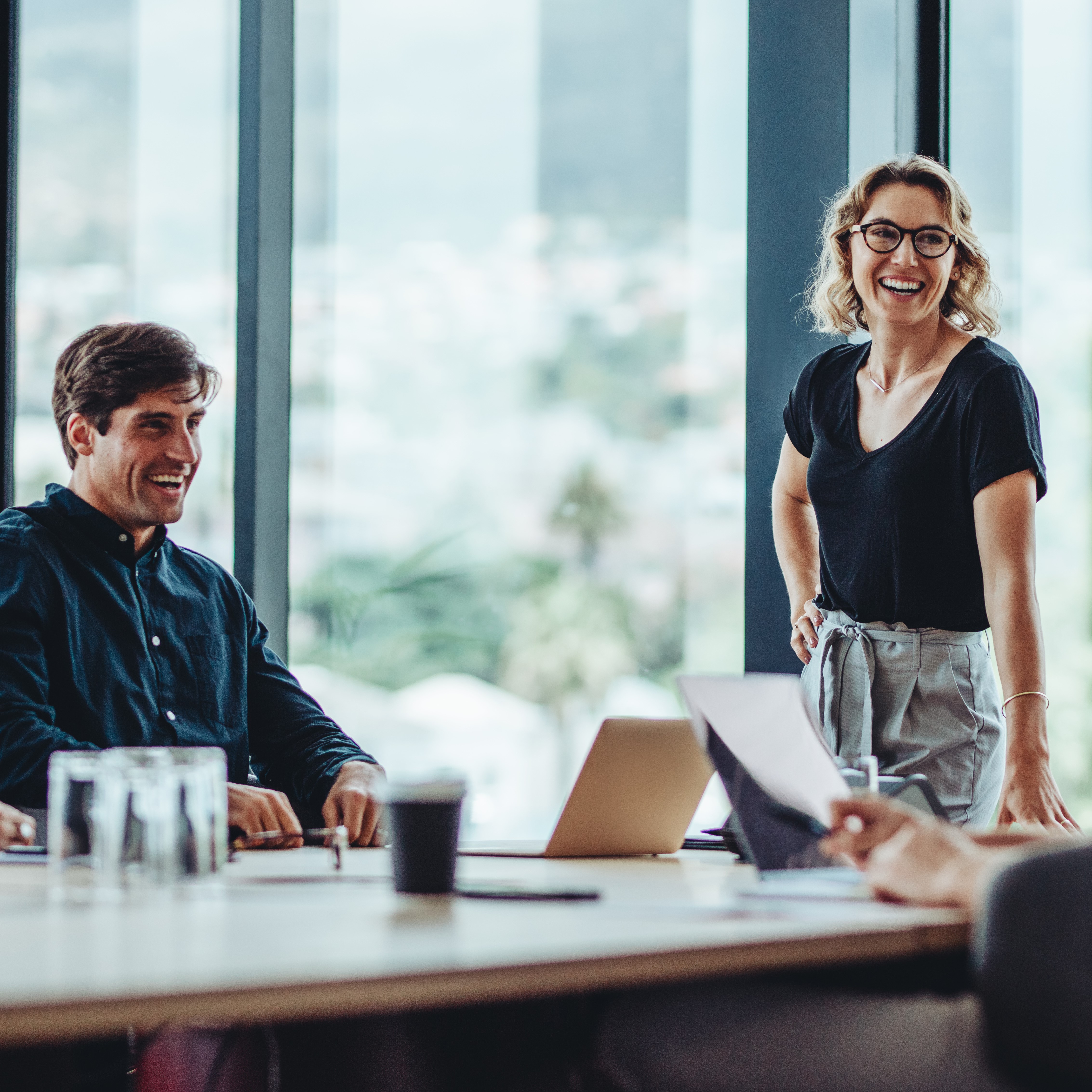 A group having a meeting in an office