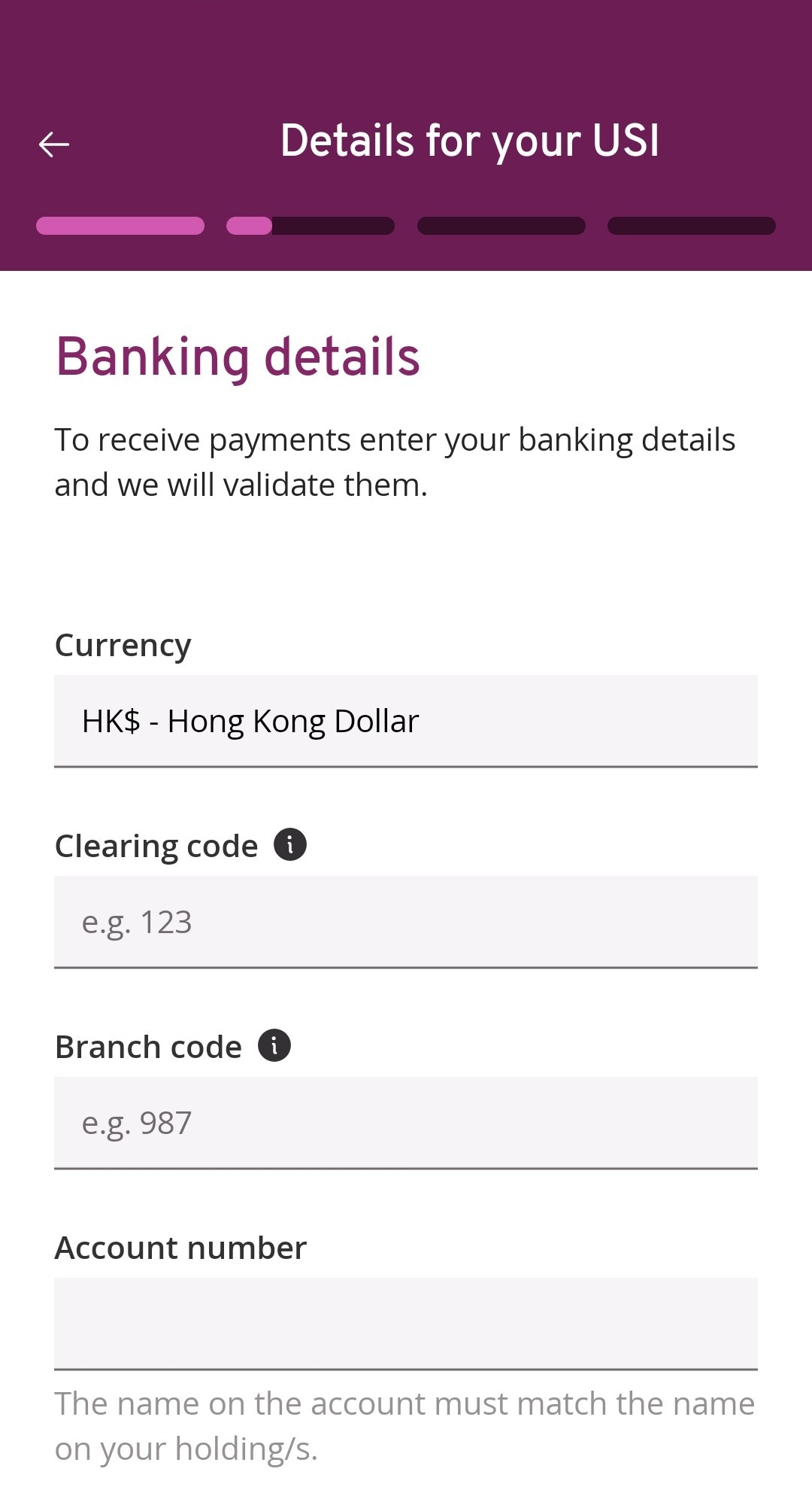 Enter bank account details