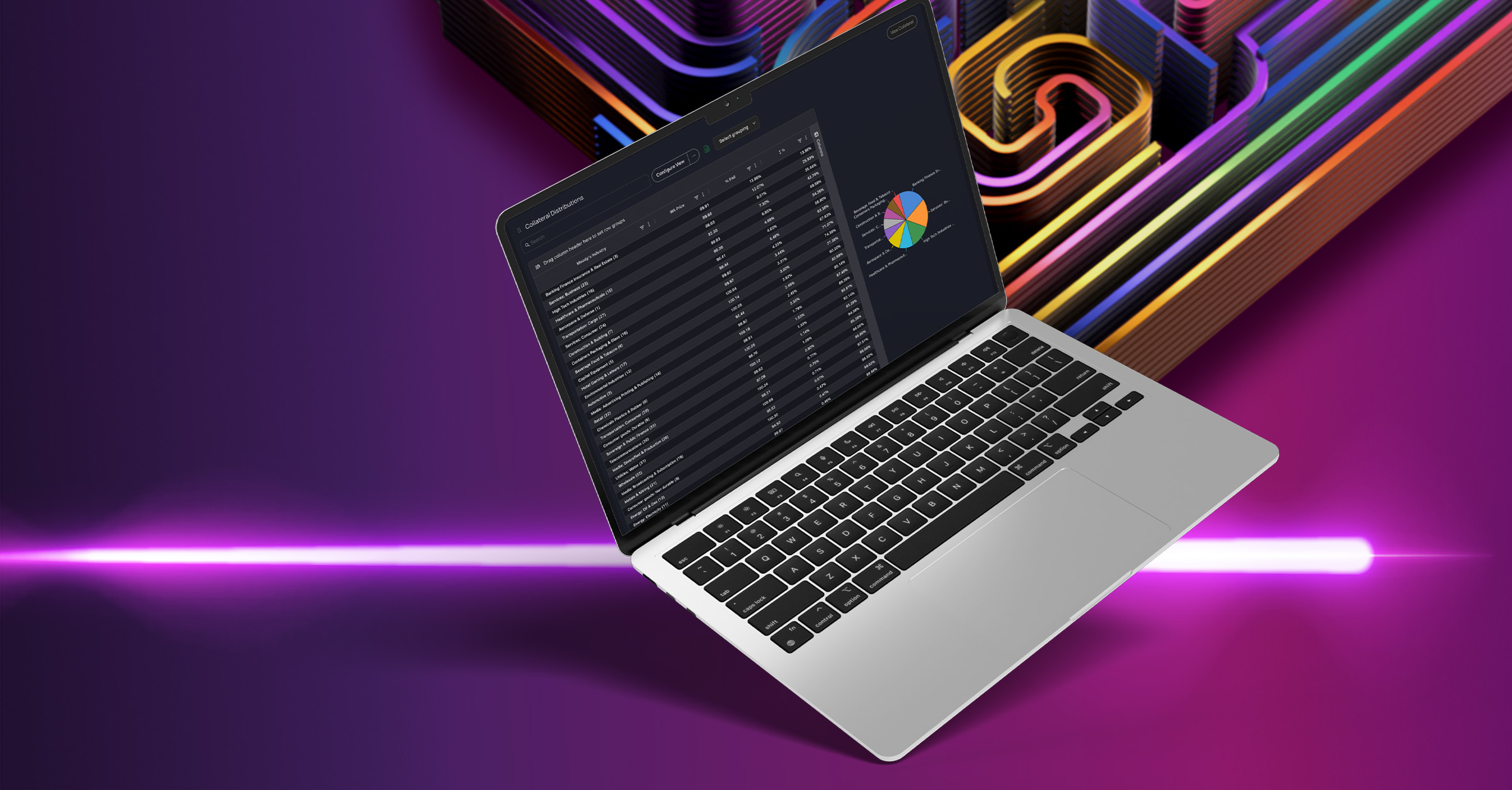 An abstract image of a multi-colored three-dimensional maze with a purple laser gliding through it.