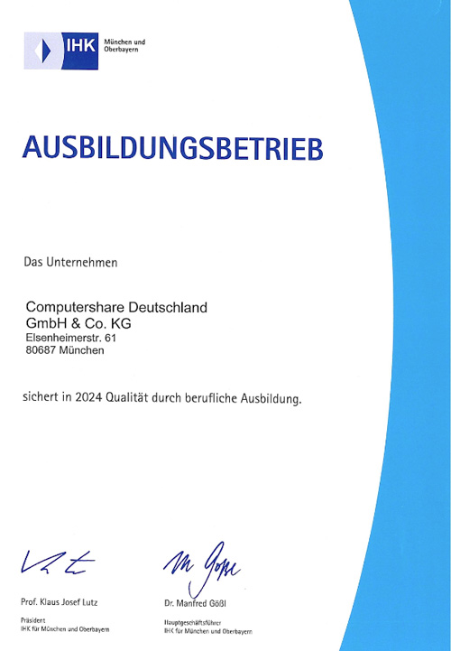 Urkunde Ausbildungsbetrieb 2024