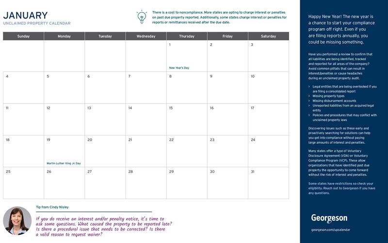 Unclaimed Property Calendar