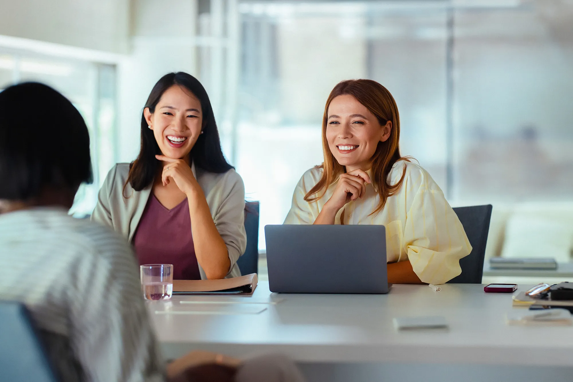 Two businesswomen talking at a meeting table